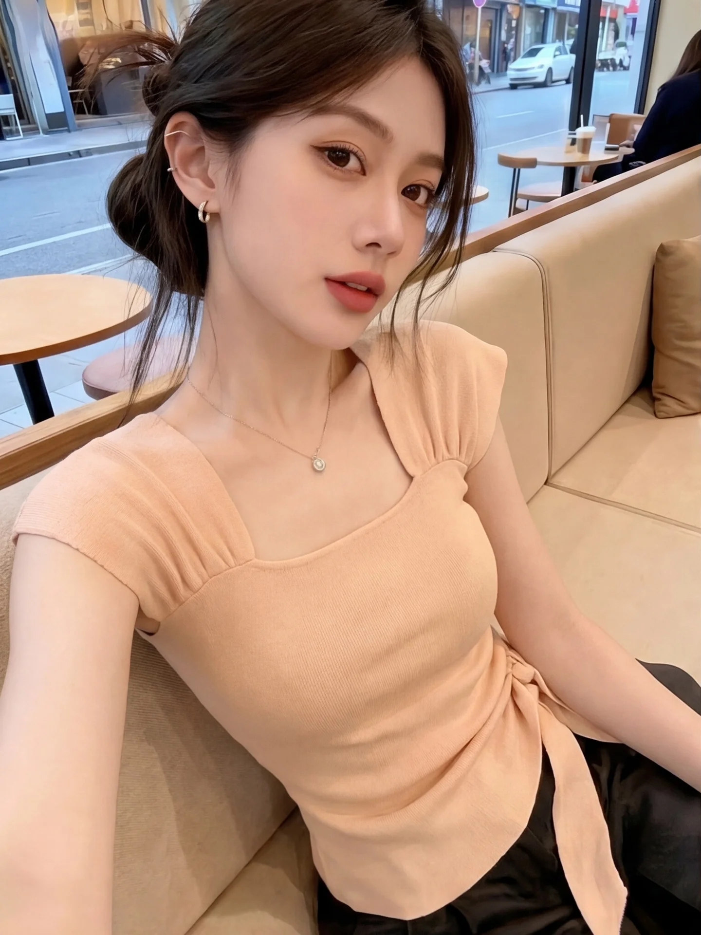 

Summer New Gentle Wind Knitted Short Sleeve T-Shirt Women's Side Bow Tie Anti-Aging Slimming Top Korean Style High Waist