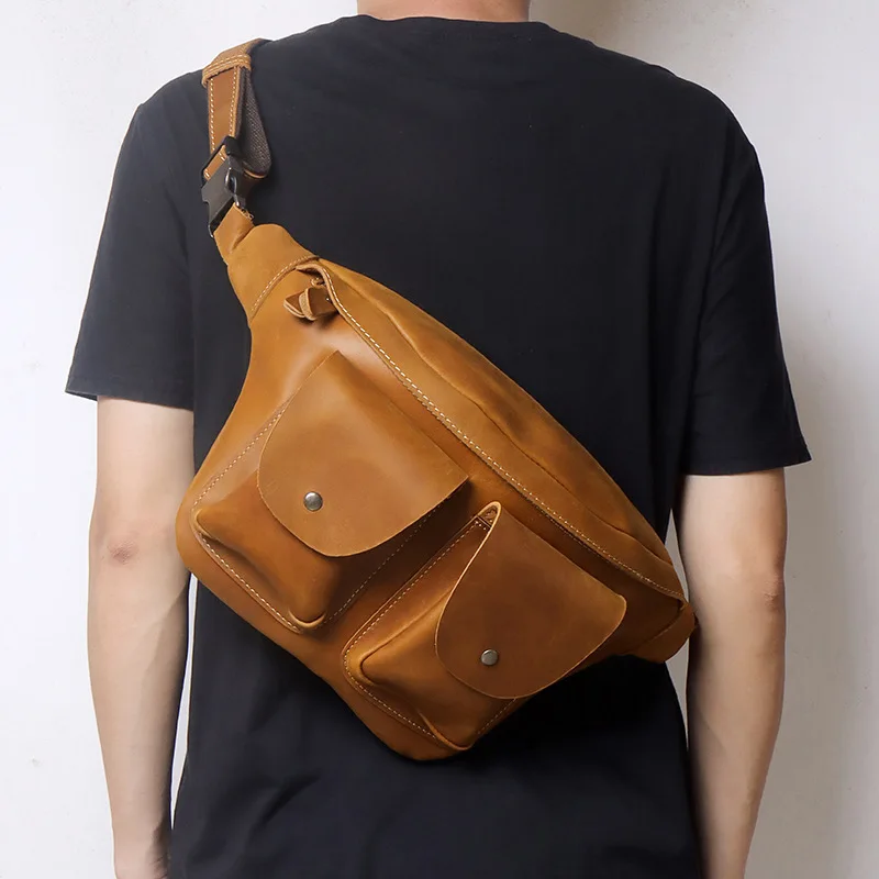 

2025 Leather Bag Men Retro Crazy Horse Leather Fanny Pack Casual Large Capacity Cowhide Chest Multi-functional Crossbody Bag