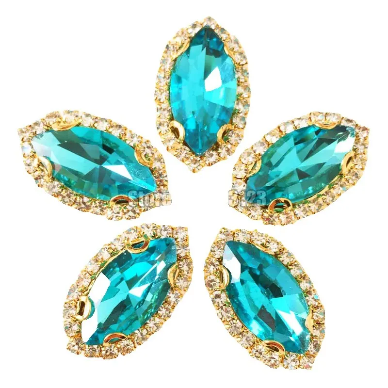 High quality Horse eye shape Gold bottom Crystal button,Malachite green AAA+ Glass Crystal sew on rhinestones