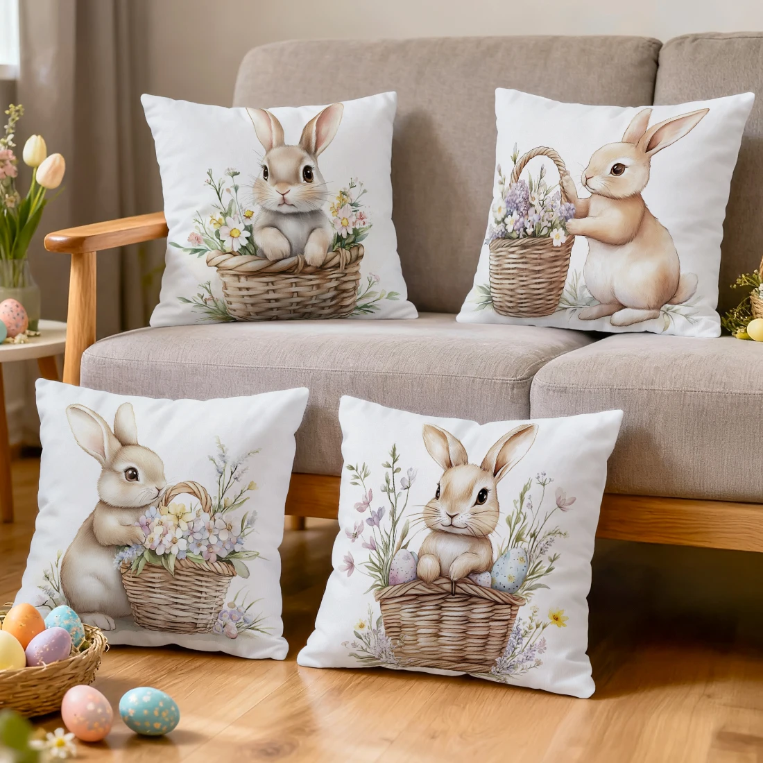 Easter Bunny Flower Pillowcase Printed Polyester 40/45/50cm Throw Pillowcover Decorative Sofa Cushion Pillowslip Home Decor