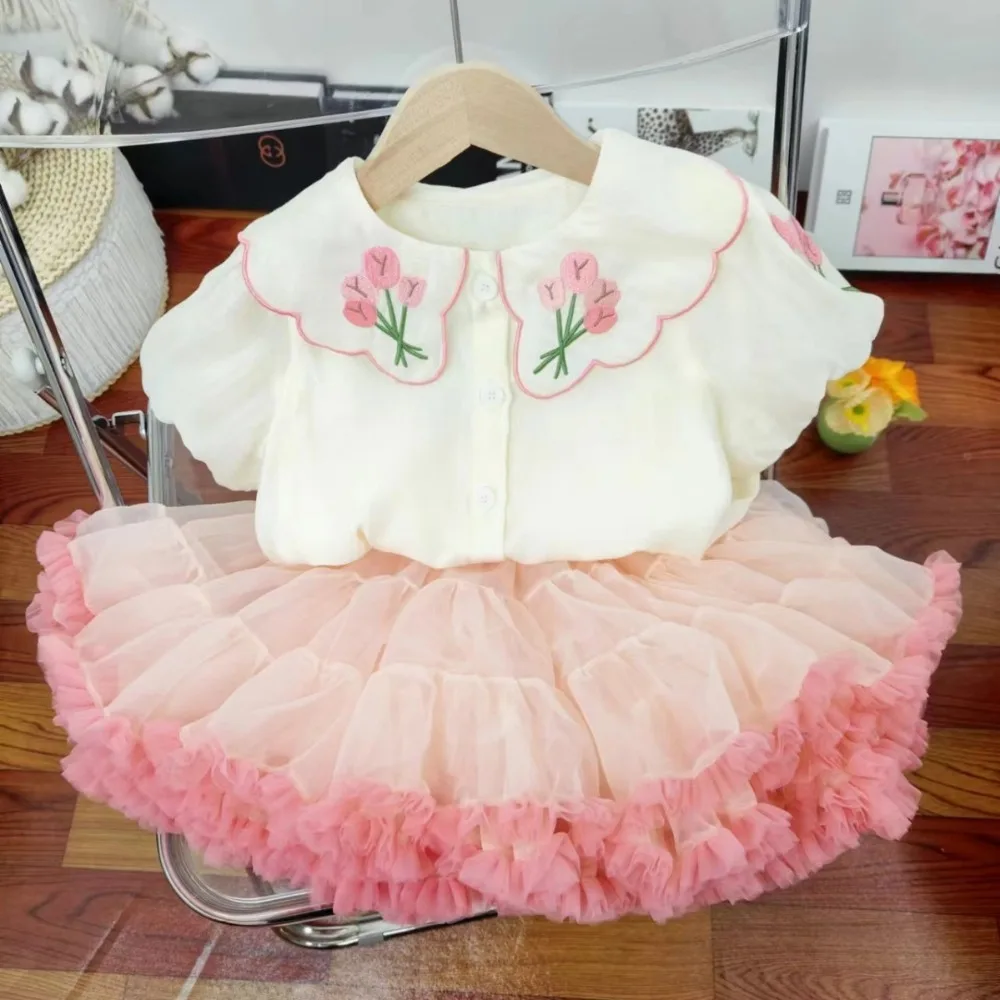 Bear Leader Summer Sweet and Cute Girl\'s Clothing Embroidered Flower Doll Collar Short Sleeve Top+Mesh Puff Skirt Two Piece Set
