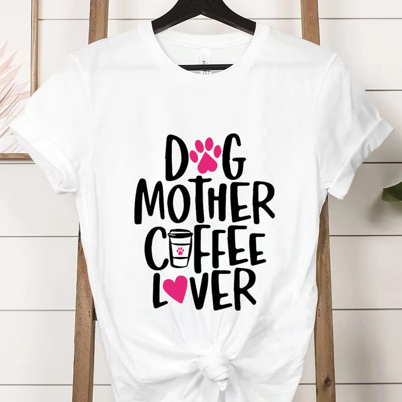 Cão mãe amante do café camiseta feminina verão moda manga curta camiseta topos engraçado cão pata impressão casual roupas femininas