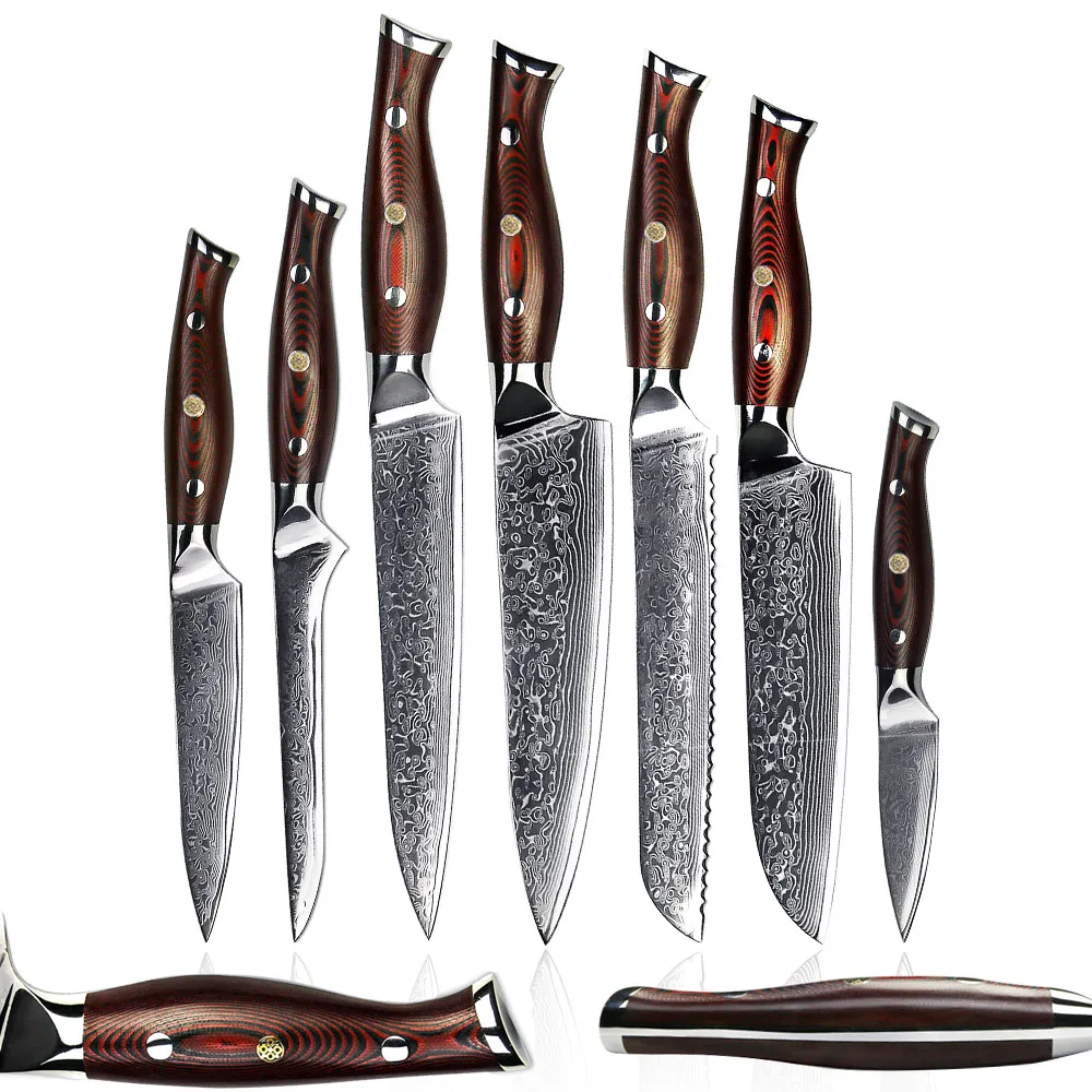 Amber Professional Kitchen Knives 67 Layers VG10 Damascus Japanese Knife Full-Tang Design G10 Handle Inset Brass Rivet Tools