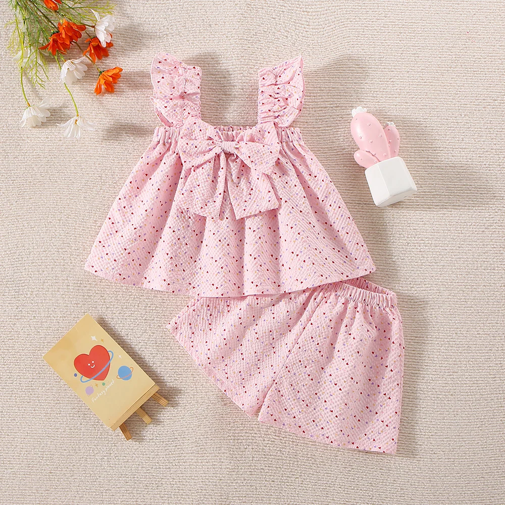 Summer Hot Selling Little Girl Flying Sleeve Long Bow Skirt Shorts Two Piece Set Korean Version Baby Girl Western Style Love Set