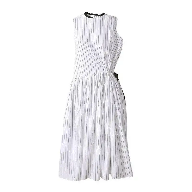 Drawstring Striped Women White Pleated Big Size Dress New Round Neck Sleeveless Fashion Spring Summer 2026 B5XS
