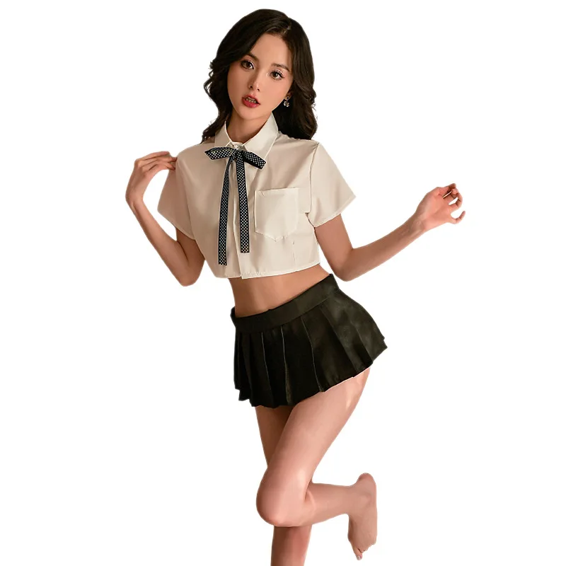 

Ladies' Sexy Lingerie Sexy Student Outfit See Through No Take Off White Shirt Bow Tie Uniform Pleated Short Skirt Tempting