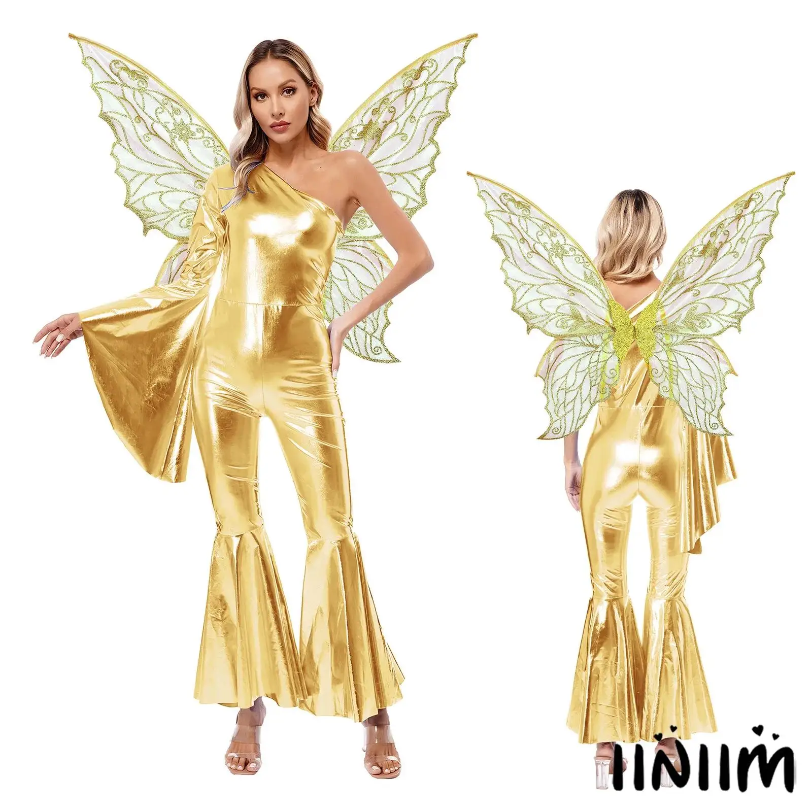 

Women Fancy Dress-up Halloween Carnival Festival Theme Party 2Pcs Fairy Tale Elf Cosplay Costume Bell-Bottom Jumpsuit with Wings