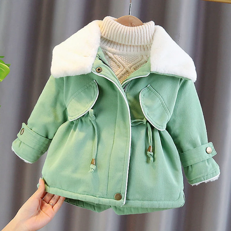 Winter Girls' New Solid Color Lapel Long Sleeved Sweet and Cute Cotton Jacket Windproof and Warm Waisted Cotton Jacket