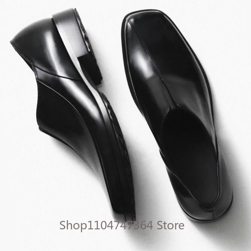 Designer Black Genuine Leather Square Toe Slip on Loafers Men's  Business Dress Shoes Male Luxury Work Party Wedding Oxfords