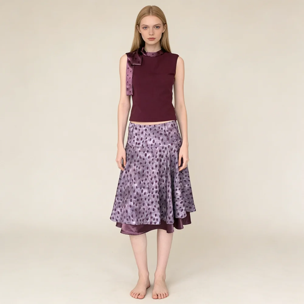 

Nova Women's 2 Piece Set Burgundy Sleeveless Top & Purple Dot Print Midi Skirt Bow Detail Outfit