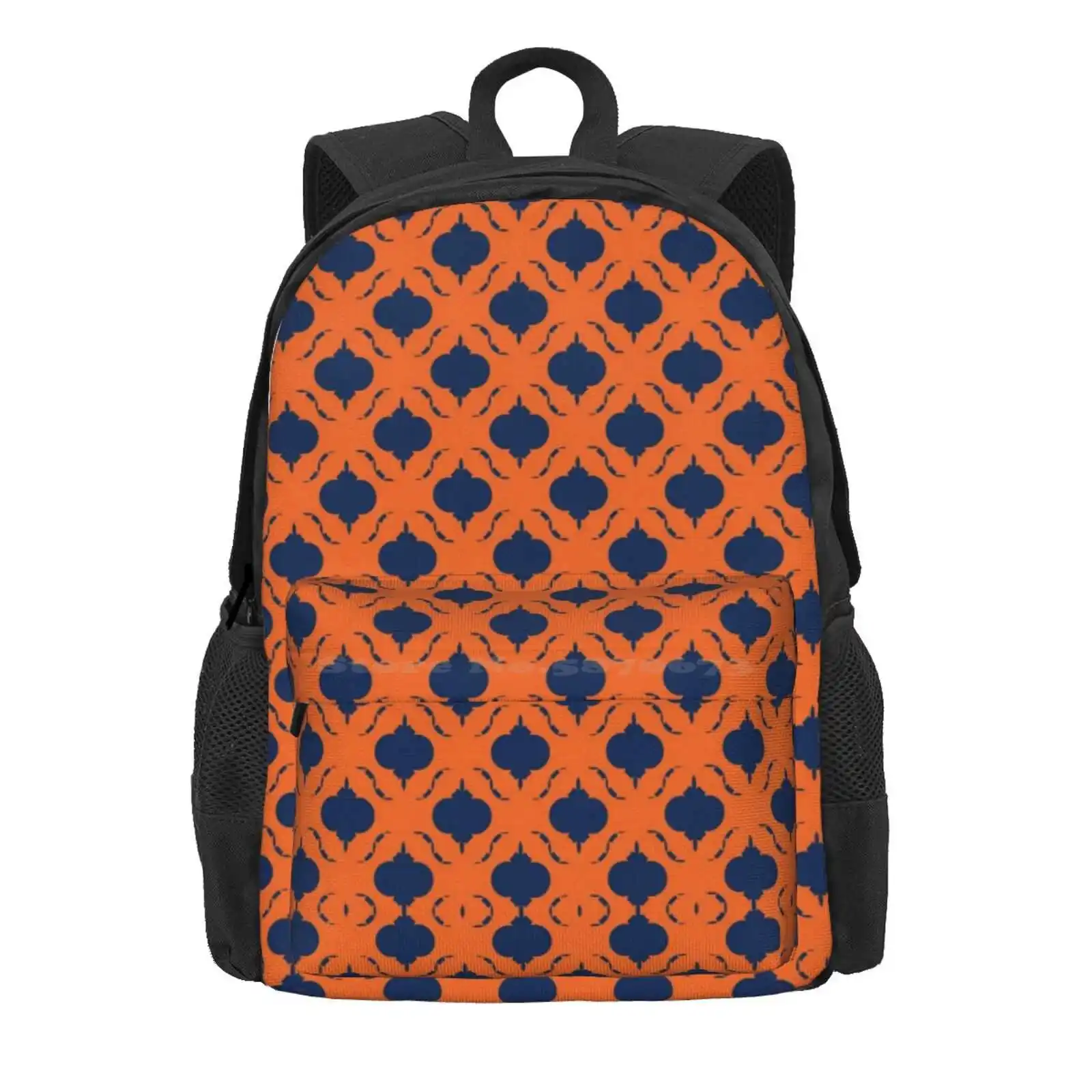 Orange & Navy Blue Quatrefoil Pattern Hot Sale Schoolbag Backpack Fashion Bags Moroccan Quatrefoil Ornate Geometric Pattern