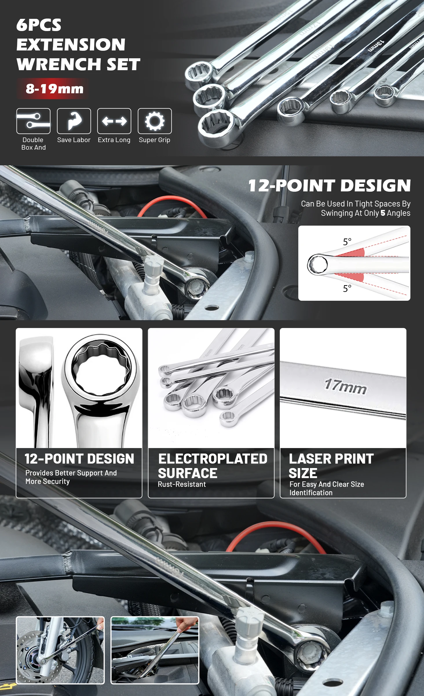 EZARC Langer Schraubenschlüssel 8-19 mm Extra Langer Ringschlüssel für Fahrrad Motorrad Auto Reparaturwerkzeuge Mechanisches Werkzeug Cr-V Material – Detail 2