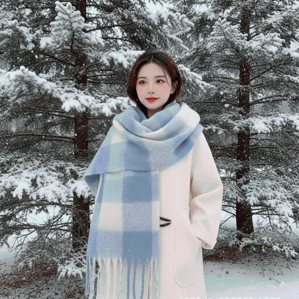 Blue White Plaid Fringe Scarf Long Tassels Thick Woolen Winter Warm Shawl Large Size Retro Design Knitted Woolen Wrap