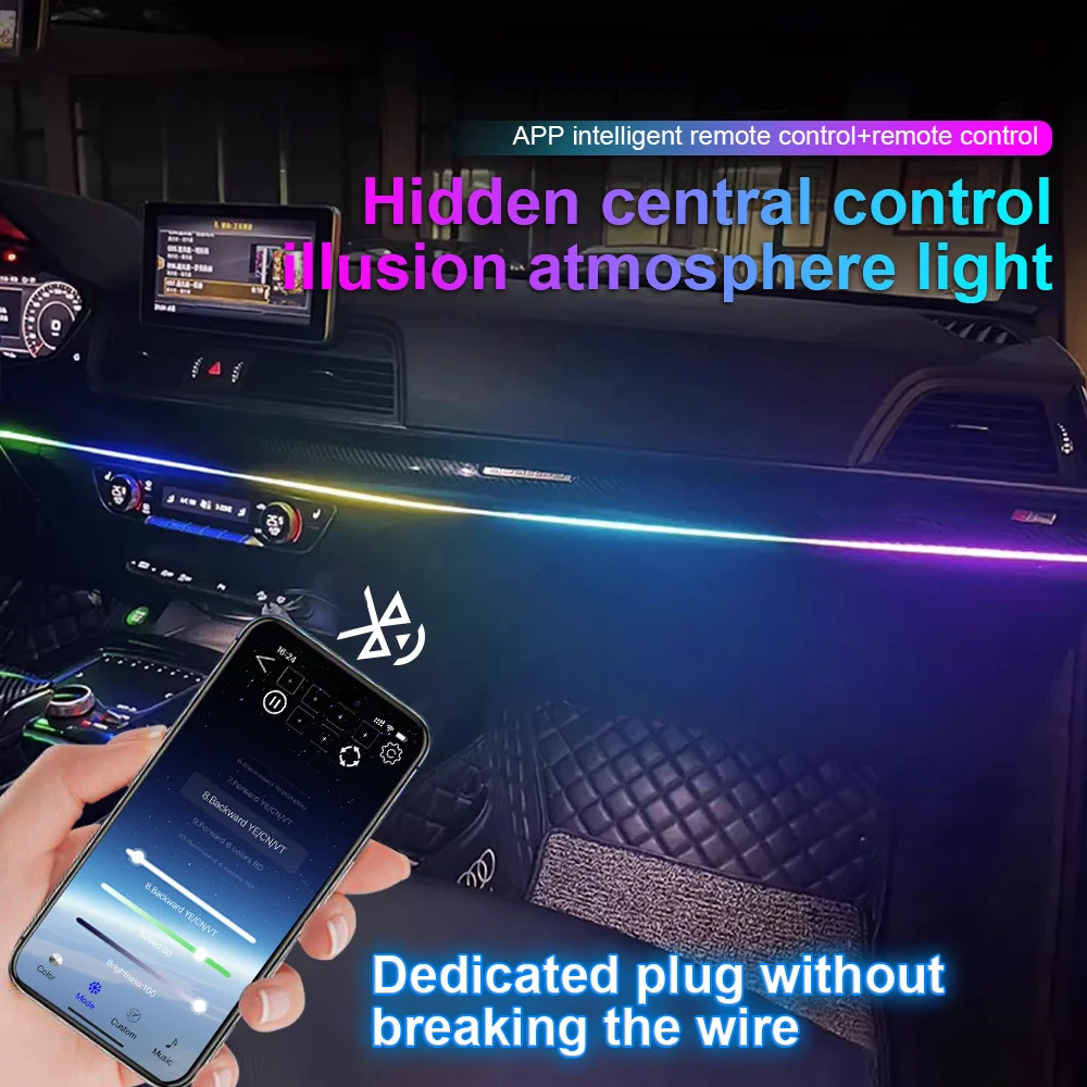 Led Streamer Car Ambient Light Full Color RGB 64 Color USB Bluetooth APP Control LED Atmosphere Lamp Hidden Acrylic Strip 110cm