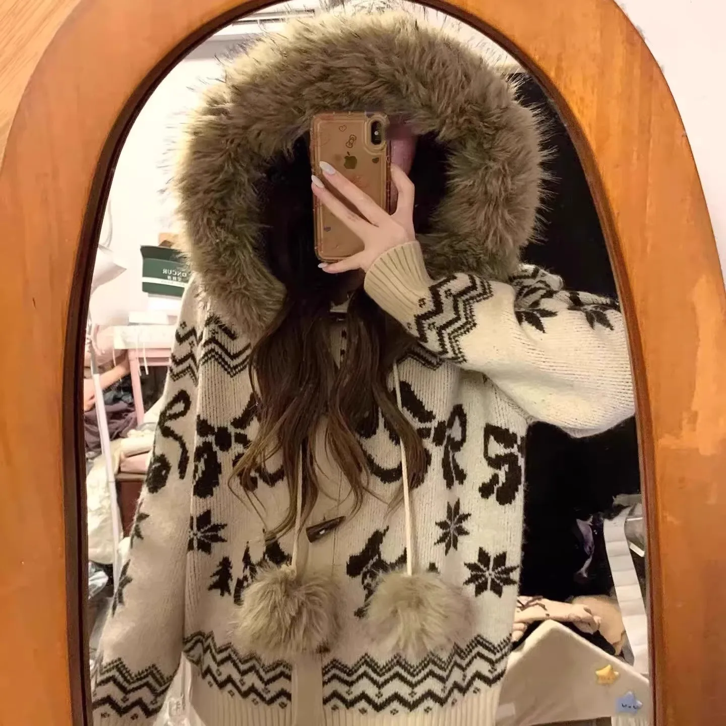 

Женские зимние свободные кардиганы и свитеры на одной пуговице, вязаные, с контрастным клетчатым узором, в стиле «Природа», с меховой отделкой, повседневные