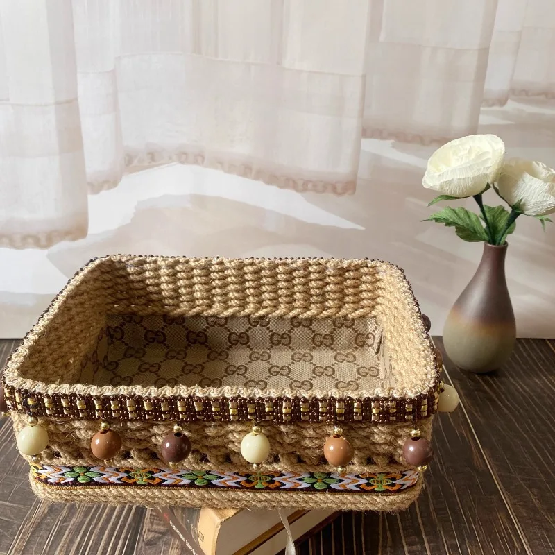 

Indoor furniture jacquard desktop storage basket, snack basket, cosmetic storage, ethnic style retro round bead storage basket