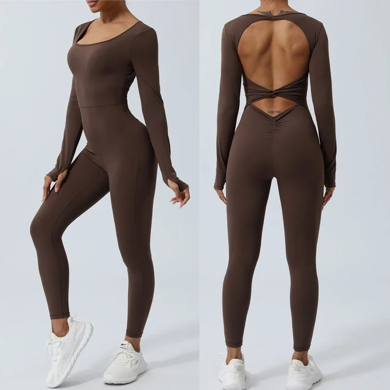 Vrouwen Gym Jumpsuit Met Lange Mouwen Effen Kleur Een Stuk Yoga Set Sexy Opengewerkte Rug Workout Kleding Vrouwelijke Ademende Sportkleding