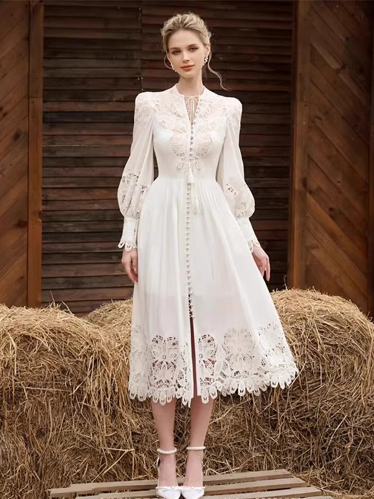 

Spring and Autumn White Lace Flower Embroidered Hollow out Design Dress for Women's Lantern Long sleeved Slim Fit A-line Dress