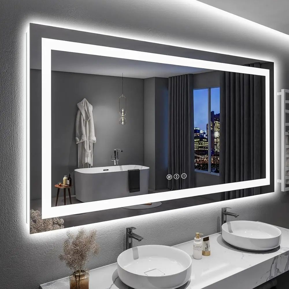 

Зеркало для ванной LED 60x36 дюймов с подсветкой спереди и сзади, настенное, с 3 режимами яркости, с антибликовым покрытием