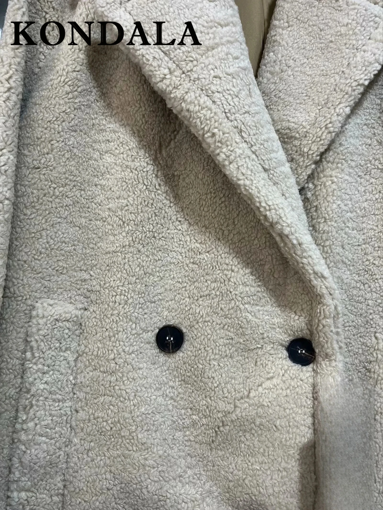 KONDALA 2025 Winter Women Casual Solid Coat Double Breasted Fleece Coat Loose Fit Long Coat Women Vintage Oversized Long  Jacket