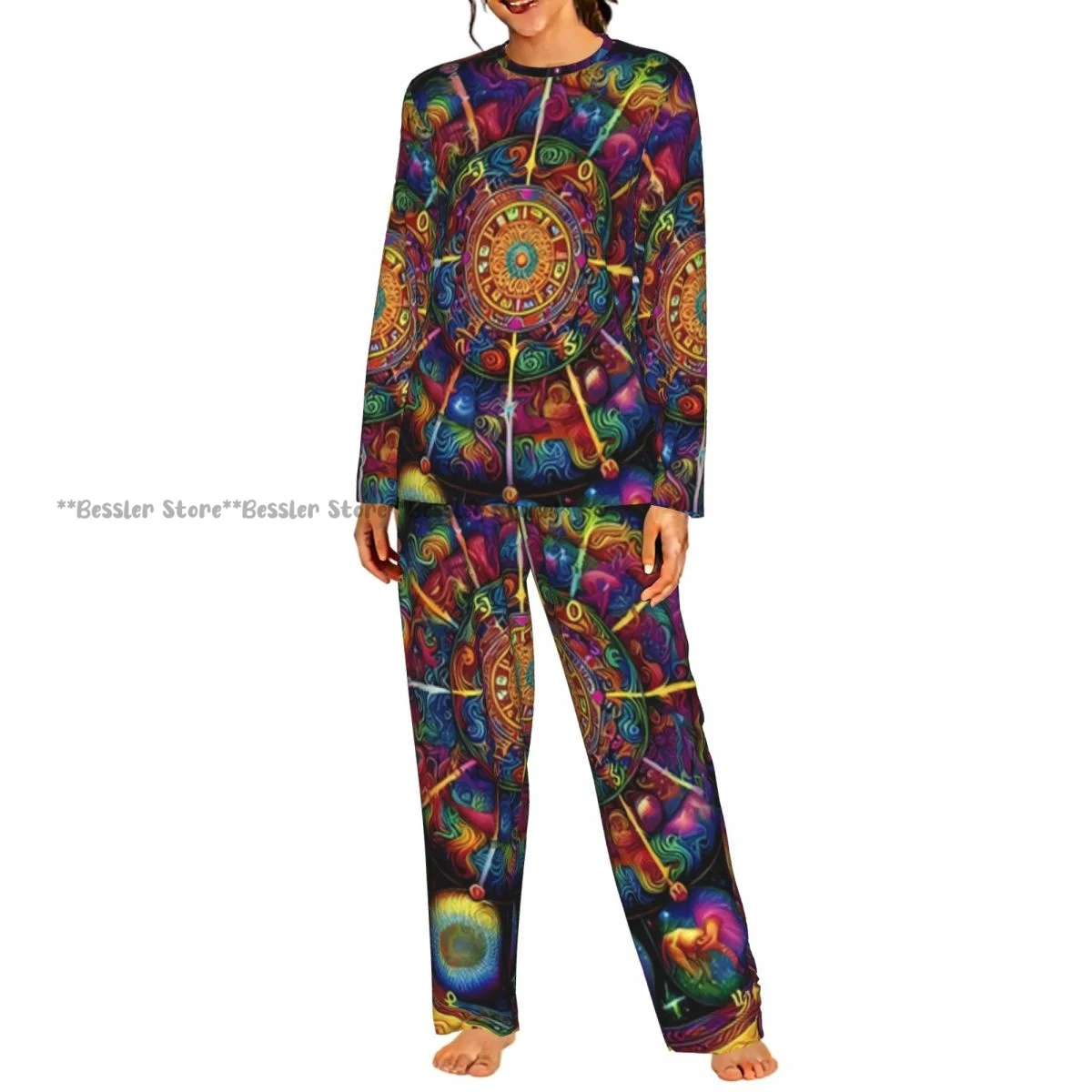 Women Round Neck Pajamas Set Zodiac Sign Colorful Background Long Sleeve Tops + Long Pants
