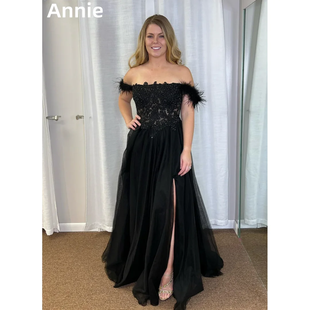 

Annie Black Wedding Dress Luxury Feather Embroidery Tulle Elegant Prom Dresses Off-shoulder Cocktail Dresses Vestidos DeFiesta