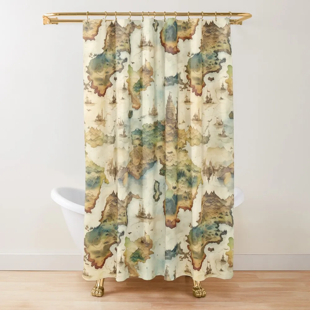 

Fantasy World Watercolor Map Pattern on Parchment Shower Curtain For Bathrooms Bathroom Shower Set Curtain