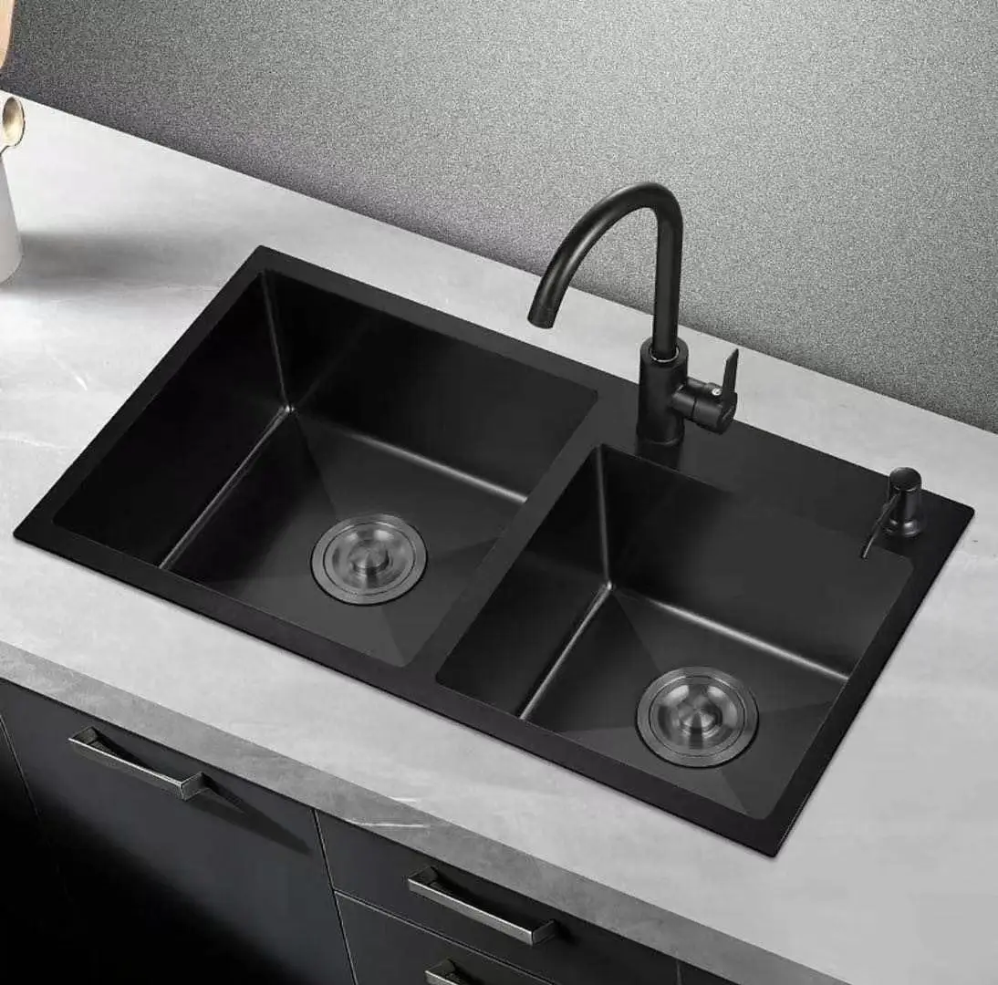 Modern Double Bowl Kitchen Sink Satin Stainless Steel Waterfall Faucet Hand Painted Multifunctional for Apartment Use