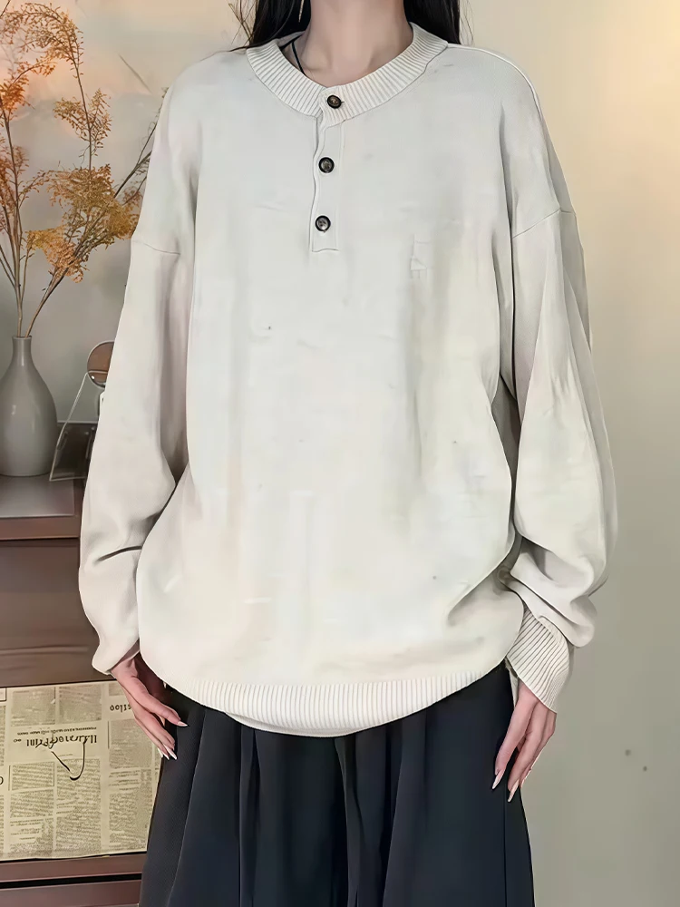 

Утепленный вязаный свитер с воротником Хенли для мужчин, осенне-зимний, в американском ретро-стиле, с круглым вырезом, базовый слой, бежевый