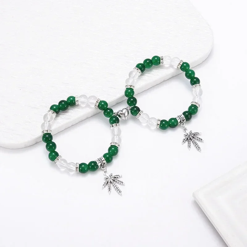 2Pcs/set Green Beads Maple Leaf Pendant Elastic Bracelet for Men Women Couple Halloween Christmas