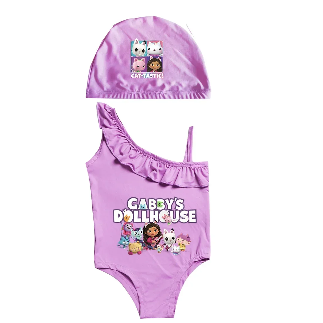 Gabbys Doolhouse costumi da bagno bambini Cartoon BeachWear con berretto 2 pezzi Set ragazza senza maniche costume da bagno ragazze Cartoon Gabby