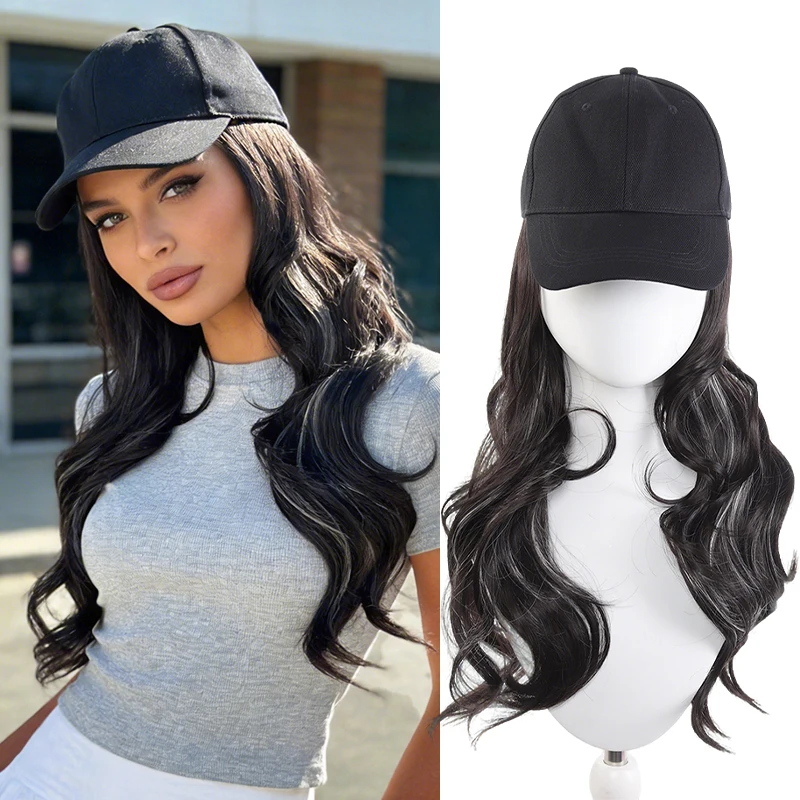 Black Baseball Cap with Long Big Wavy Synthetic Fiber Wig (Ash Gray Highlights) – Stylish Casual Look, Heat - Resistant, Easy t