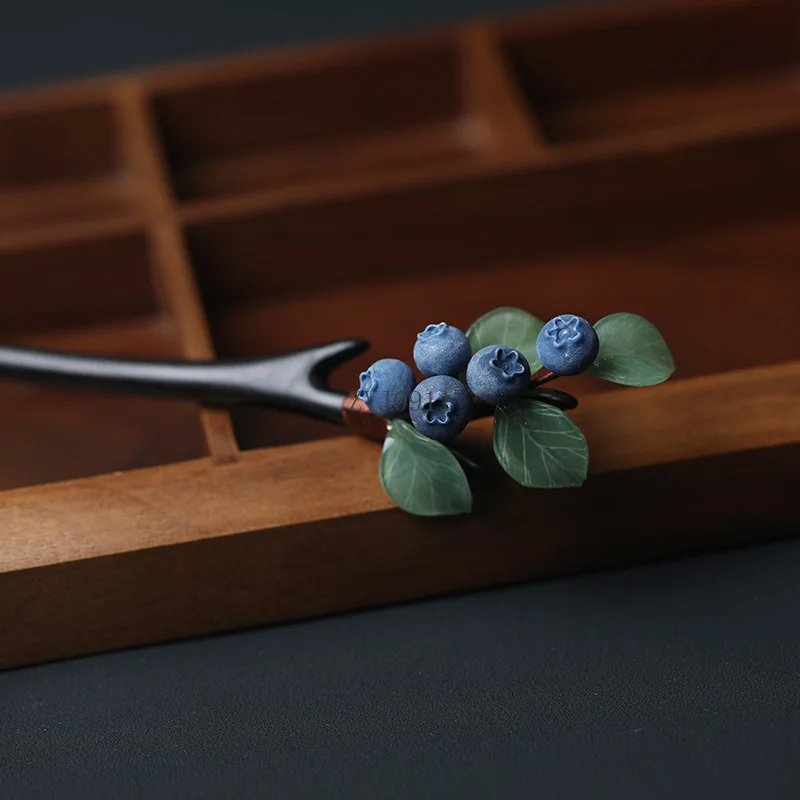 Заколка для волос ручной работы с имитацией фруктов и черники, дизайн заколки для волос из черного дерева, аксессуар, заколка для волос