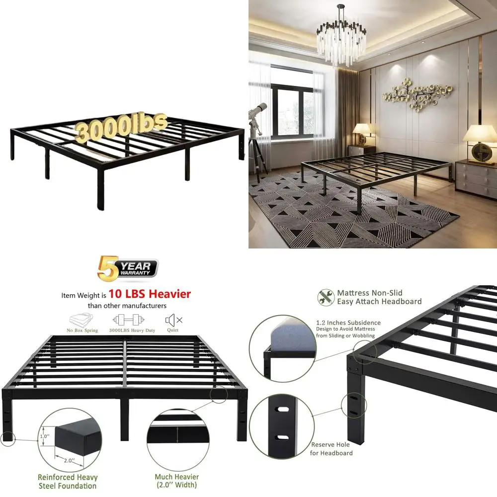 14 Queen Platform Bed Frame - Easy Assembly, 3000lbs Steel Slat Support, No Box Spring Needed