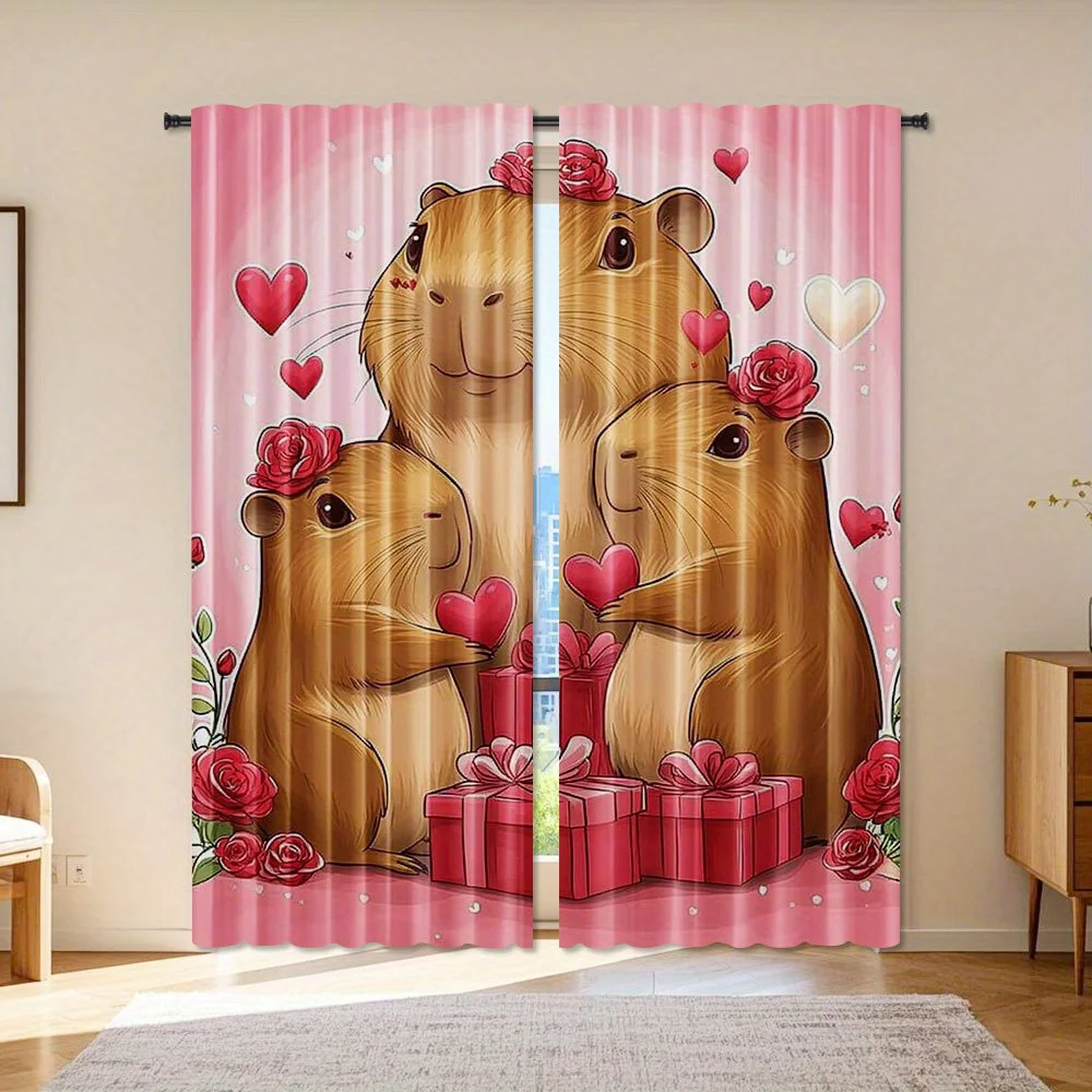 Cute Capybara with Roses Blackout Curtains - Cartoon Animal Family with Red Hearts and Gift Boxes Print Window Drapes for Living