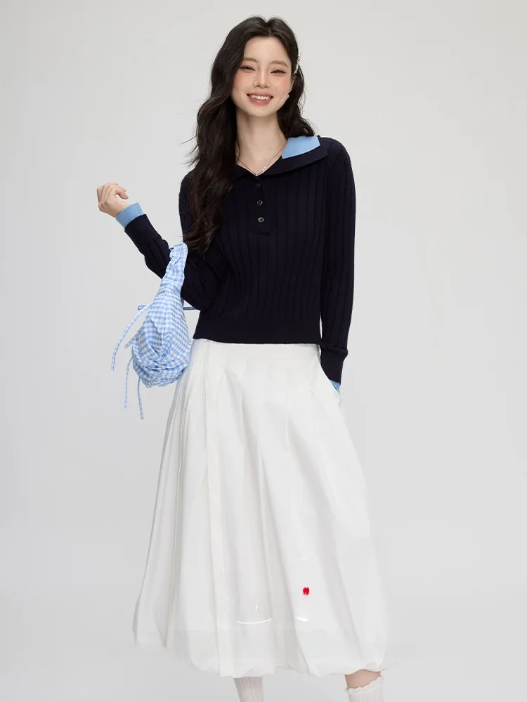 

Повседневная вязаная юбка для женщин, осенне-зимний новый вязаный топ с цветным воротником, юбка с цветочным бутоном, комплект из двух предметов