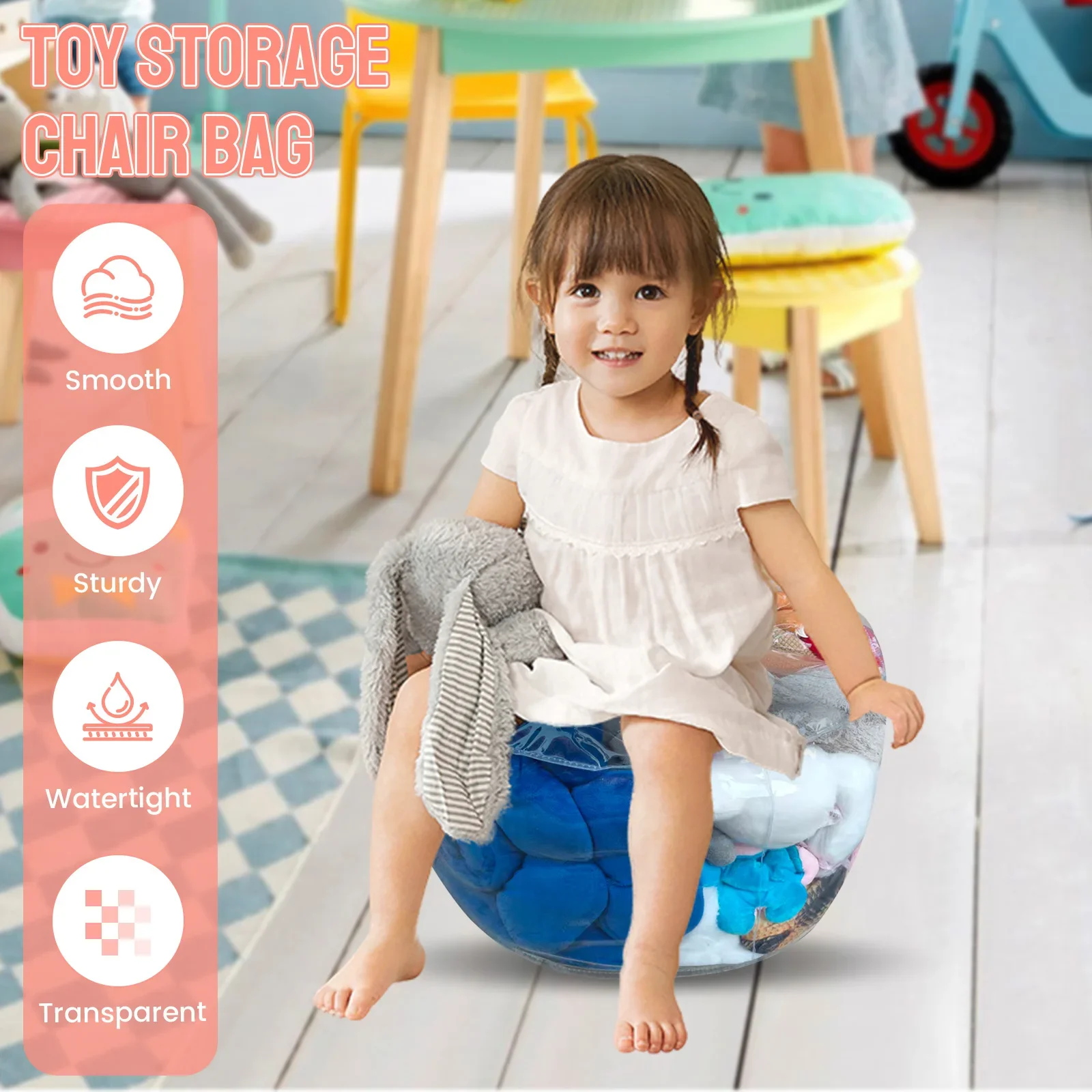 50L Clear Stuffed Animal Bean Bag Chair Cover PVC Waterproof Children Plush Toy Storage Seat with Zipper Toy Clothes Organizer