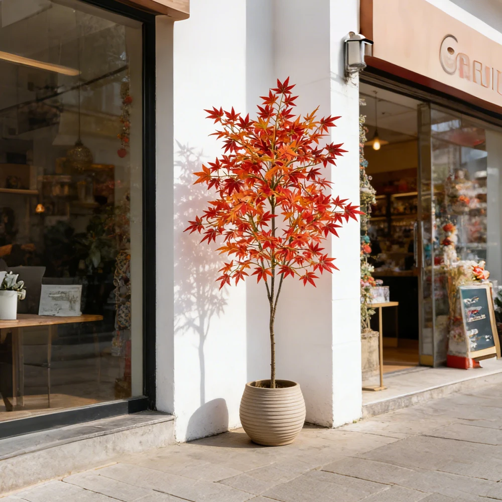 Árbol de arce artificial grande de 70 cm a 140 cm, plantas de arce japonés falsas, rama de arce roja de plástico sintético alta para decoración del hogar y jardín