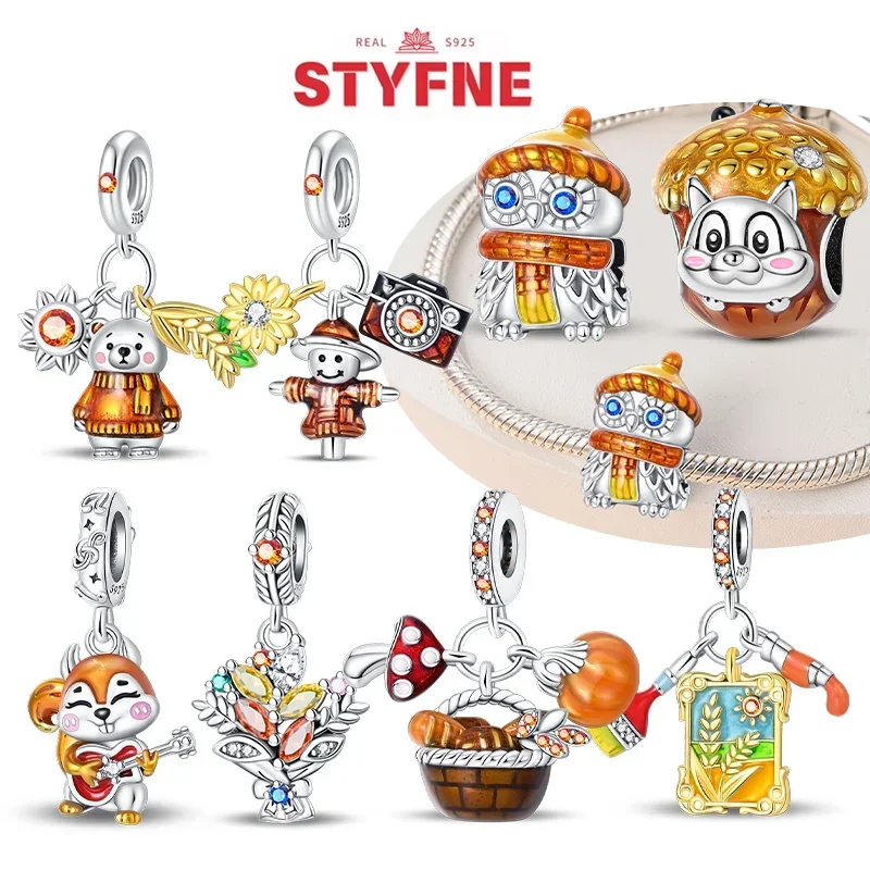 Real S925 Silver Autumn Series Maple Scarecrow Pumpkin Squirrel Charms Beads Fit Original Bracelet DIY Fine Gifts for Women