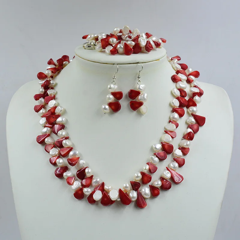 2 strands of natural coral/baroque pearl necklace earrings bracelet suit. Ladies senior gift jewelry 19”