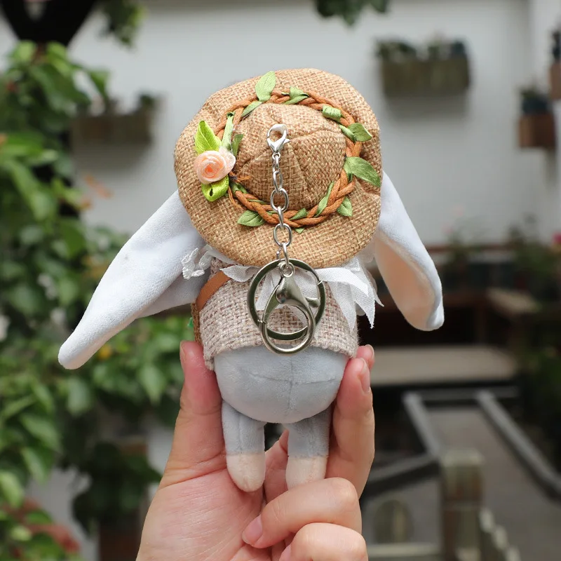 Kawaii Straw Hat Rabbit Mouse Dress Up Plush Toy Women Bag Pendant Plush Keychain Garden Decor Holiday Gifts Toys For Girls