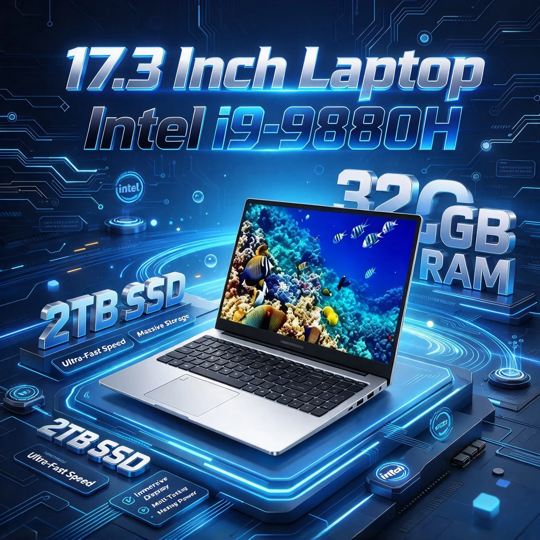 17.3 Inch Full Size Notebook Intel Core i9 9880H 32GB RAM 2TB Fast NVMe SSD Fingerprint Unlock Rich Expansion Ports Laptop 2026