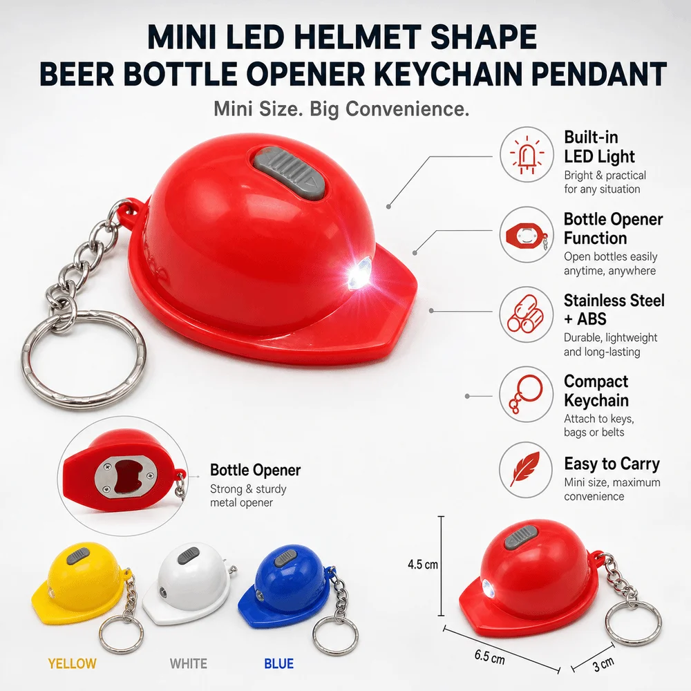 Plastic Beer Bottle Opener With LED Light Helmet Shaped Keychain Pendant Compact Size Portable Beer Opener Kitchen Accessories