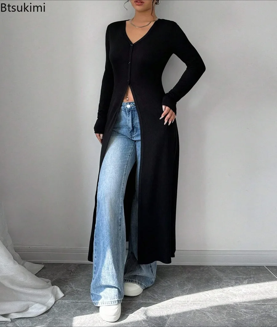 2026 New Spring Women Fashion Long Slit Coat Slim Fit Elegant Commute Comfort Daily Wear Solid Color Long Sleeve Versatile Coat