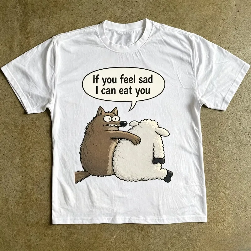 New Style American Streetwear Loose Men T-shirt Funny Wolf and Sheep Slogan Print Pure Cotton Soft Breathable Daily Casual Tops