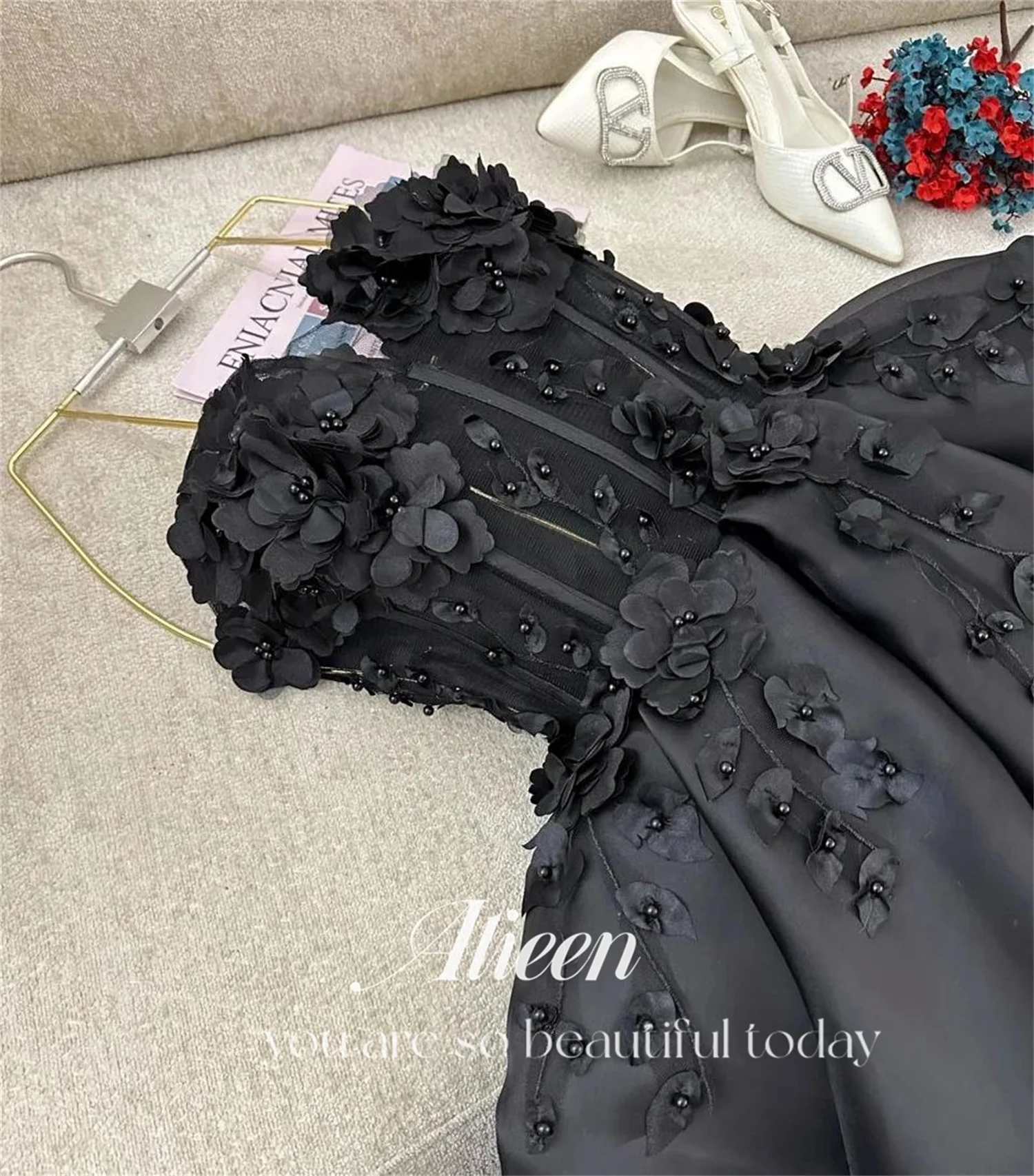 Black 3D Flowers Satin Wedding Party Dress Luxurious Women\'s Evening Dresses for Special Occasions Elegant Woman customized Gala