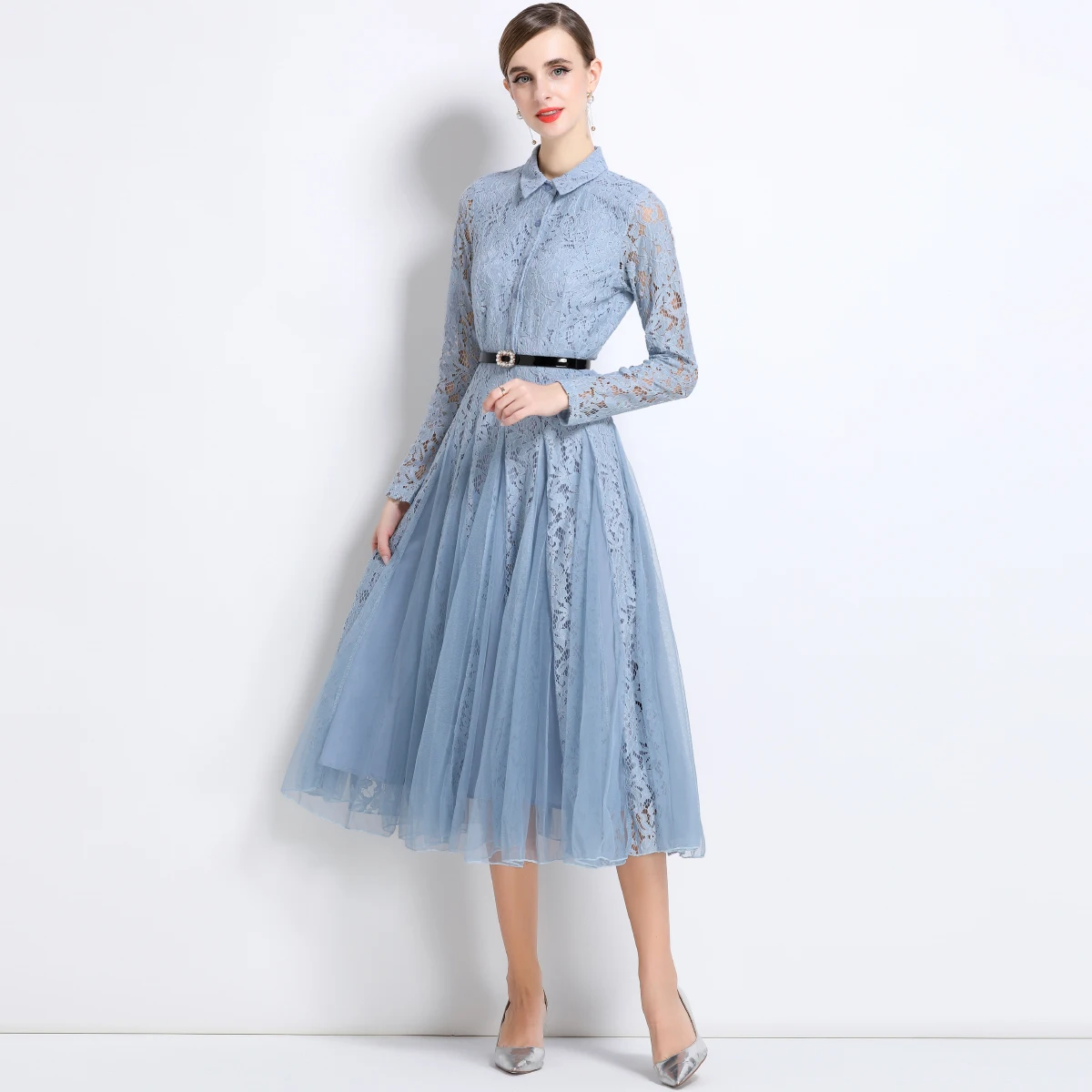 Sukienka damska na wiosnę i lato, z haftem kwiatowym, na wybieg, wieczorowa, na studniówkę, koronkowa, z kołnierzykiem, długim rękawem, paskiem, świąteczna, midi, długa, vestido.