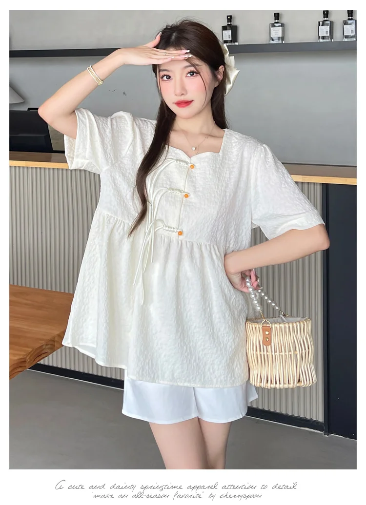 

Chinese Style Maternity Summer Clothes Set Short Sleeve Square Collar Doll Shirt Belly Shorts Two-piece Set Pregnancy Pants Suit