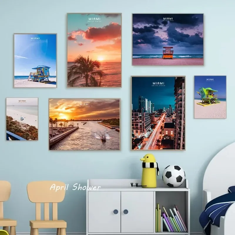 Nordic Beautiful Travel City Miami Dreamy Sky Sunset Posters Prints Wall Art Picture for Living Room Home Decor Canvas Painting