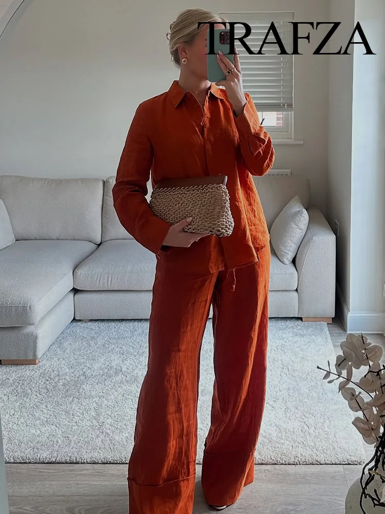 

TRAFZA Women Fashion Pants Suit Turn-down Collar Long Sleeve Single-Breasted Loose Shirt Top+High Waist Draw Rope Pocket Trouser